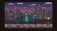 Kaiju Harbor: a pixel-art city harbour with a sea monster, cranes and a lighthouse at dusk