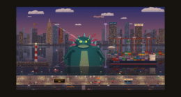 Kaiju Harbor: a pixel-art city harbour with a sea monster, cranes and a lighthouse at dusk