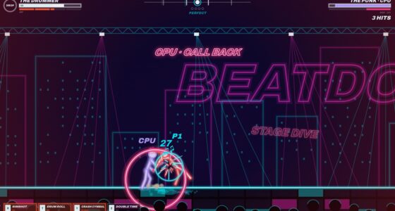 Neon one-on-one fight between a drummer and a punk with round counter and two health bars
